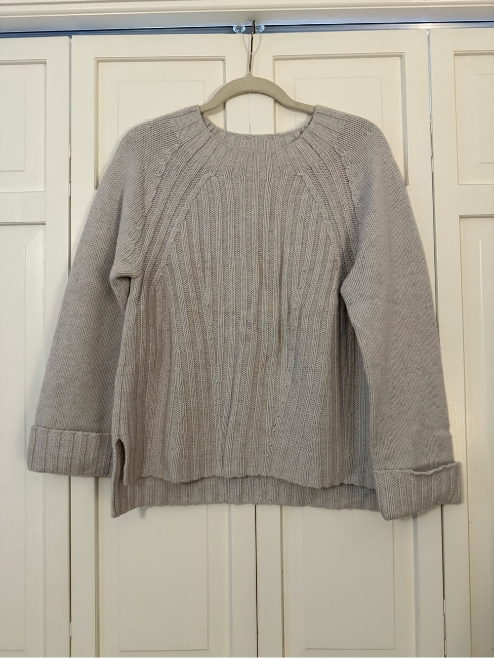 Vince. Crewneck Ribbed Knit Sweater in Light Gray